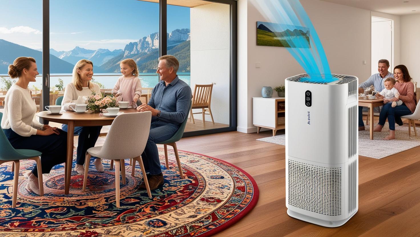 Modern air purifiers operating in a bright living room with family enjoying time together near large windows Modern air purifiers operating in a bright living room with family enjoying time together near large windows